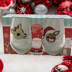 Set of 2 Ruldoph the Red Nose Reindeer Wine\champs/drink Glasses
